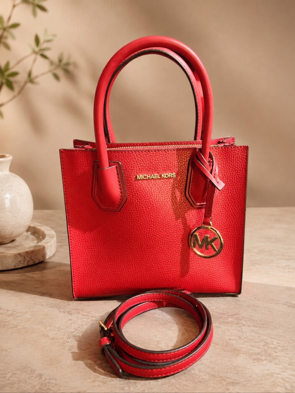 Michael Kors Red Pebbled Leather Satchel Crossbody Bag